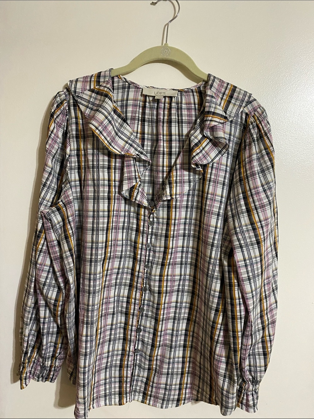 LOFT Plaid Ruffle Collar Blouse in White, Black, Mustard & Pink